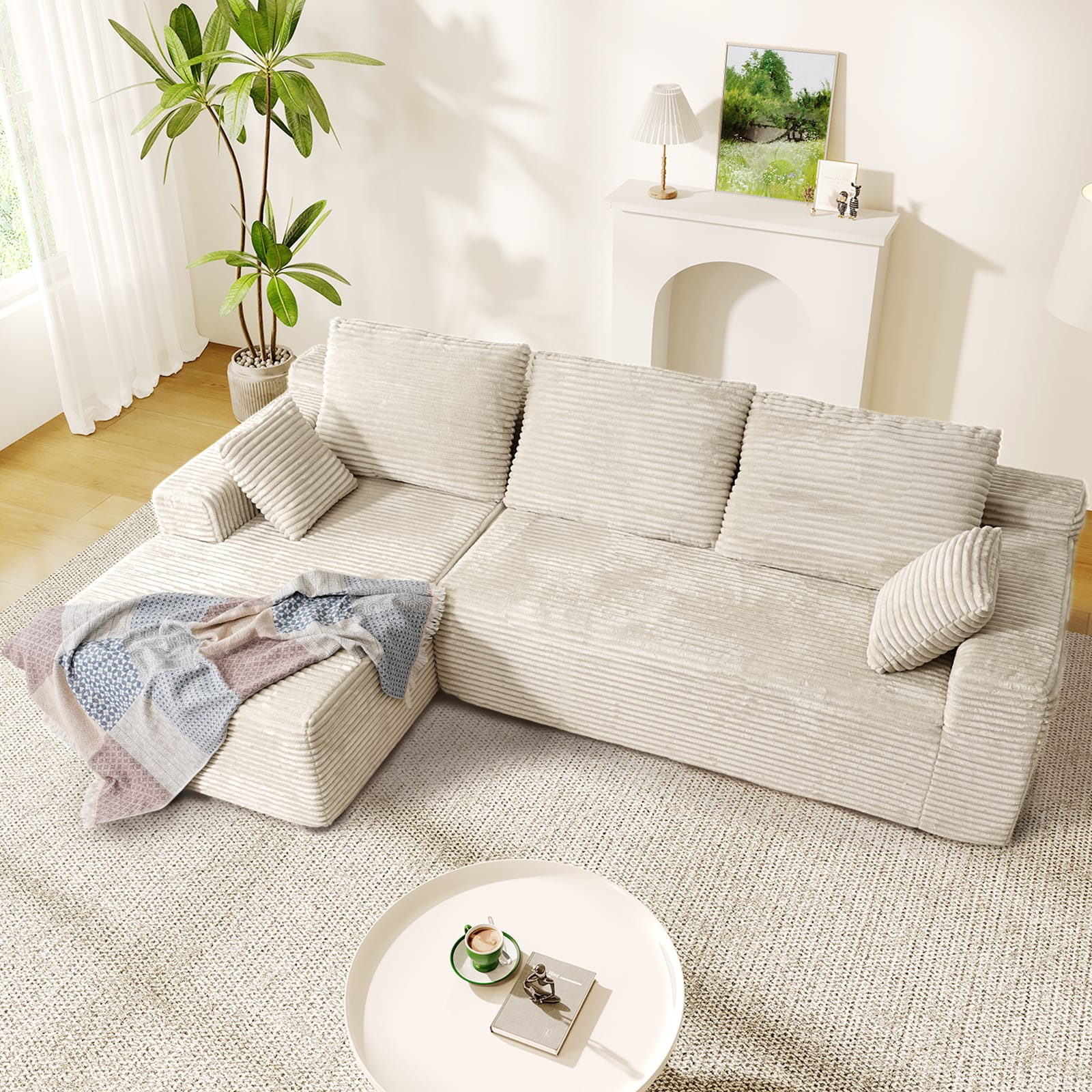 CyberCart Ares Minimalist 2-Seater Sofa Corduroy L-Shaped Gaming & Home Theater Sofa | No-Assembly 4-Seater Sectional with Chaise Longue | 263cm Deep Seat for Immersive Marathon Sessions | Grey