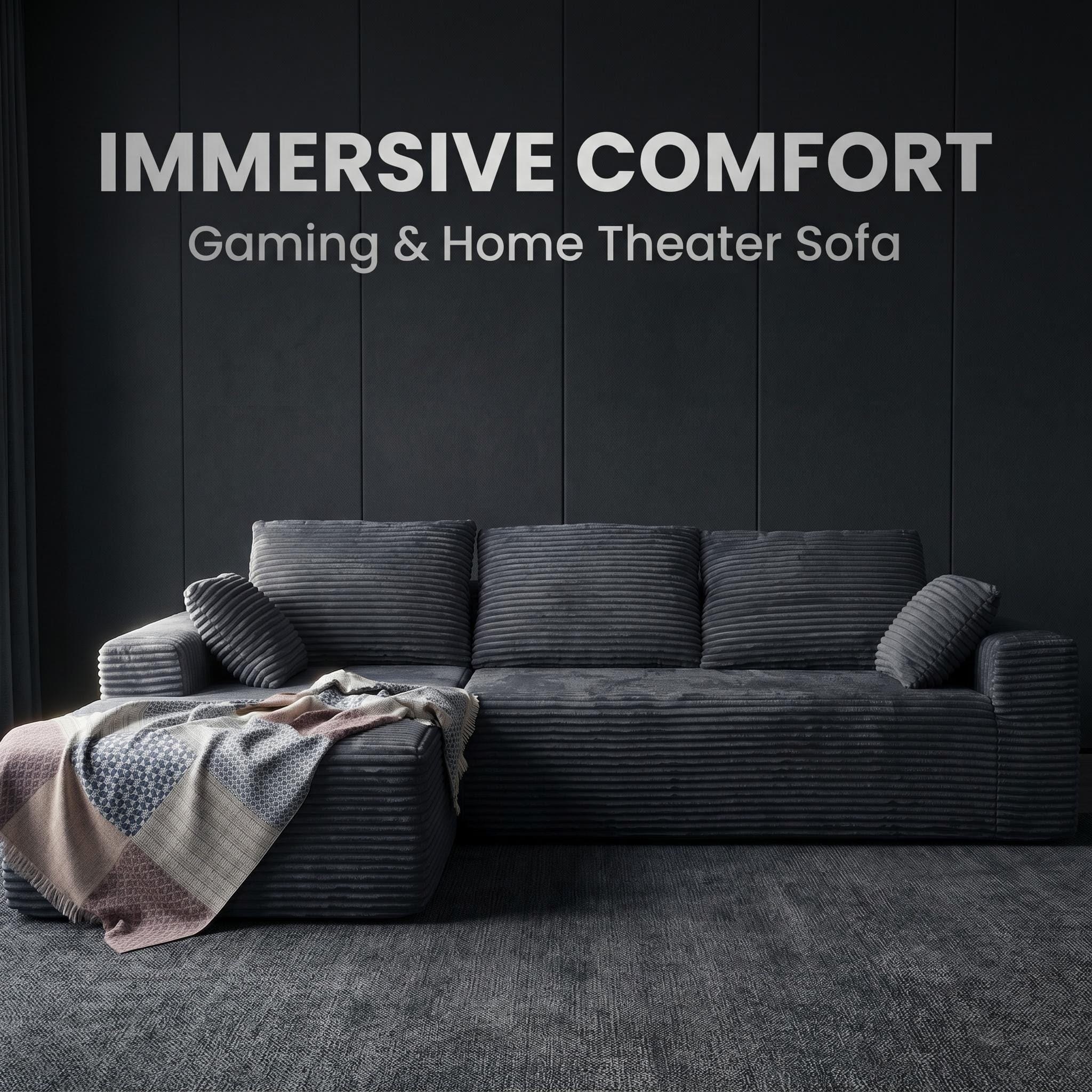 CyberCart Ares Minimalist 2-Seater Sofa Corduroy L-Shaped Gaming & Home Theater Sofa | No-Assembly 4-Seater Sectional with Chaise Longue | 263cm Deep Seat for Immersive Marathon Sessions | Grey