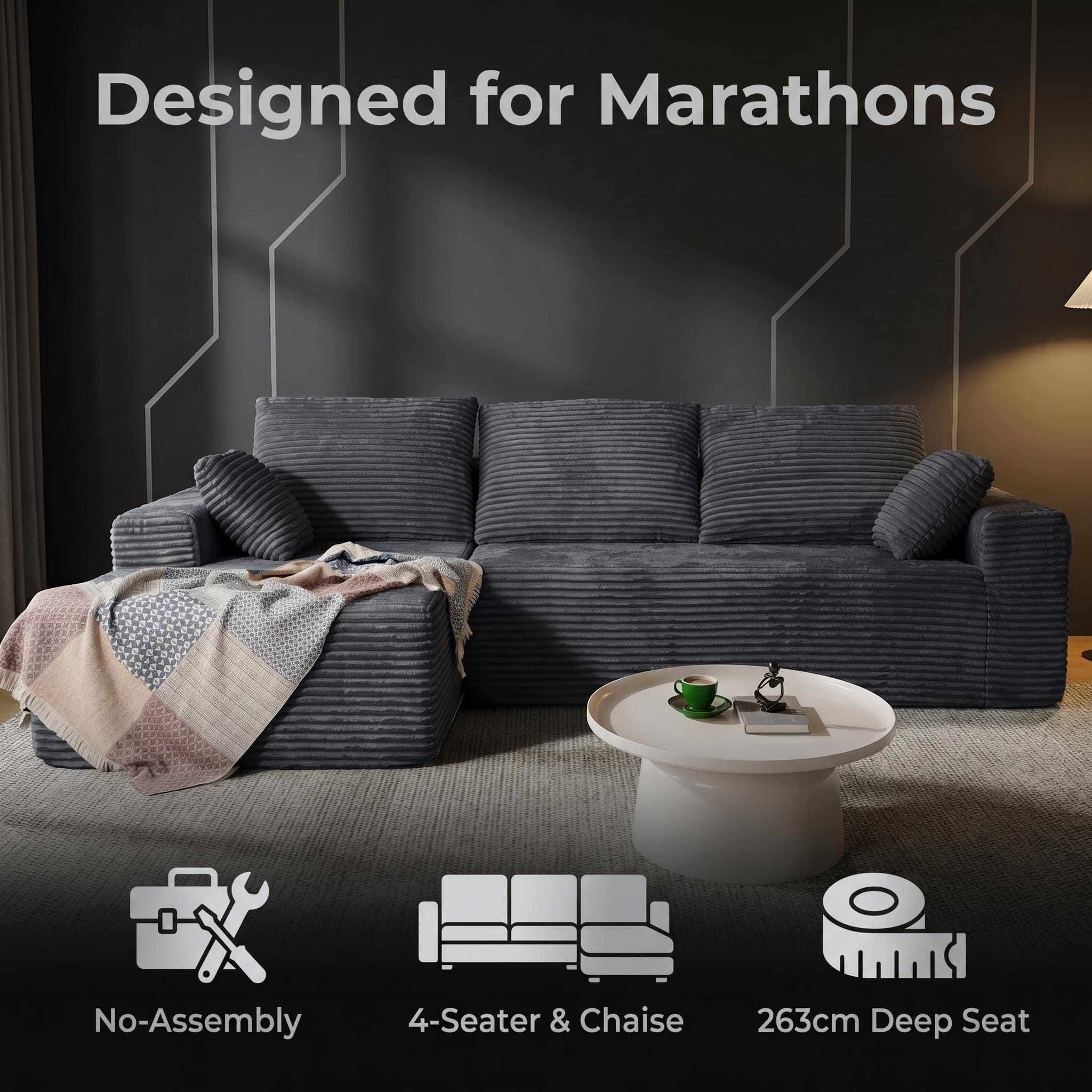 CyberCart Ares Minimalist 2-Seater Sofa Corduroy L-Shaped Gaming & Home Theater Sofa | No-Assembly 4-Seater Sectional with Chaise Longue | 263cm Deep Seat for Immersive Marathon Sessions | Grey