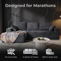 CyberCart Ares Minimalist 2-Seater Sofa Corduroy L-Shaped Gaming & Home Theater Sofa | No-Assembly 4-Seater Sectional with Chaise Longue | 263cm Deep Seat for Immersive Marathon Sessions | Grey