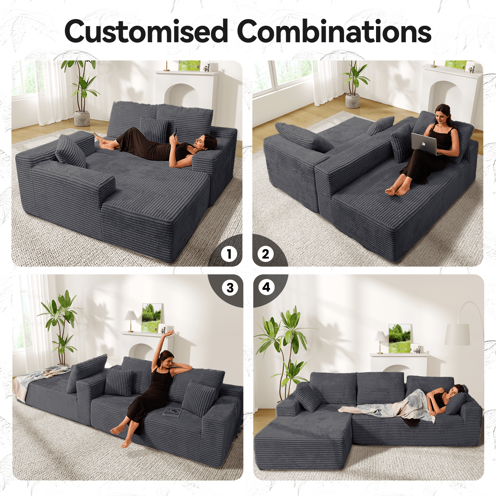 CyberCart Ares Minimalist 2-Seater Sofa Corduroy L-Shaped Gaming & Home Theater Sofa | No-Assembly 4-Seater Sectional with Chaise Longue | 263cm Deep Seat for Immersive Marathon Sessions | Grey