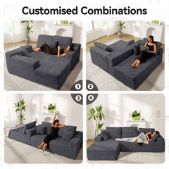CyberCart Ares Minimalist 2-Seater Sofa Corduroy L-Shaped Gaming & Home Theater Sofa | No-Assembly 4-Seater Sectional with Chaise Longue | 263cm Deep Seat for Immersive Marathon Sessions | Grey