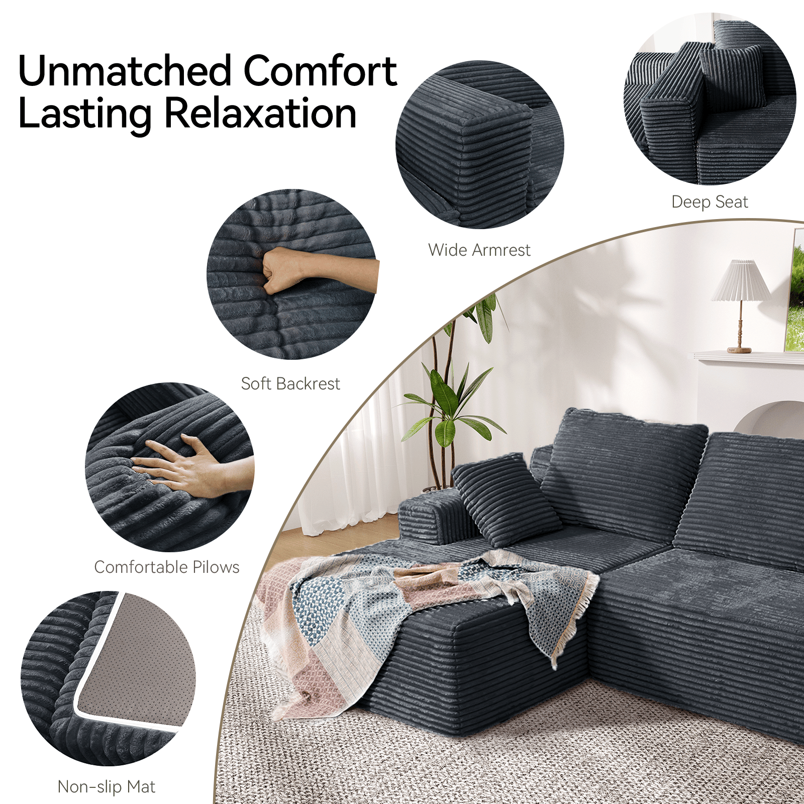 CyberCart Ares Minimalist 2-Seater Sofa Corduroy L-Shaped Gaming & Home Theater Sofa | No-Assembly 4-Seater Sectional with Chaise Longue | 263cm Deep Seat for Immersive Marathon Sessions | Grey
