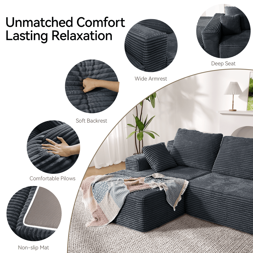 CyberCart Ares Minimalist 2-Seater Sofa Corduroy L-Shaped Gaming & Home Theater Sofa | No-Assembly 4-Seater Sectional with Chaise Longue | 263cm Deep Seat for Immersive Marathon Sessions | Grey