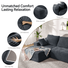 CyberCart Ares Minimalist 2-Seater Sofa Corduroy L-Shaped Gaming & Home Theater Sofa | No-Assembly 4-Seater Sectional with Chaise Longue | 263cm Deep Seat for Immersive Marathon Sessions | Grey