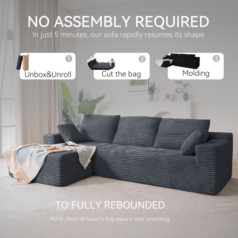CyberCart Ares Minimalist 2-Seater Sofa Corduroy L-Shaped Gaming & Home Theater Sofa | No-Assembly 4-Seater Sectional with Chaise Longue | 263cm Deep Seat for Immersive Marathon Sessions | Grey