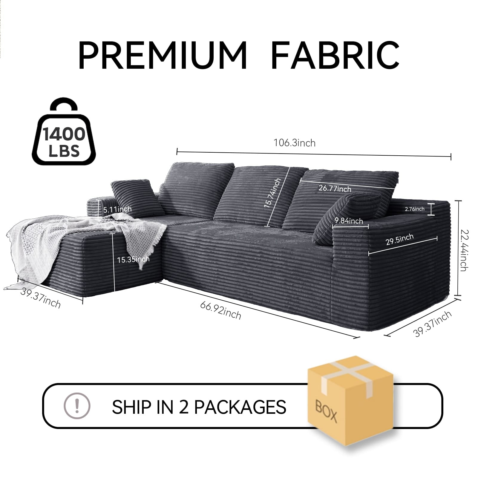 CyberCart Ares Minimalist 2-Seater Sofa Corduroy L-Shaped Gaming & Home Theater Sofa | No-Assembly 4-Seater Sectional with Chaise Longue | 263cm Deep Seat for Immersive Marathon Sessions | Grey