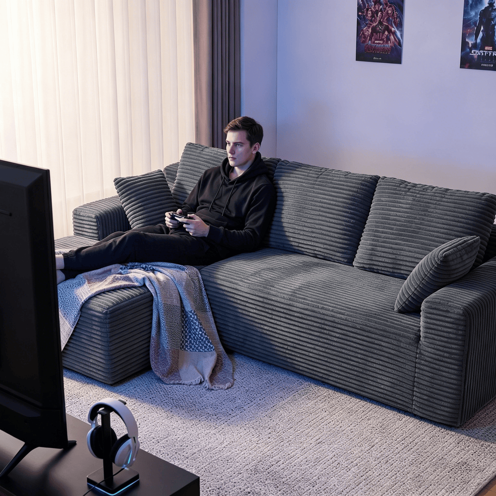 CyberCart Ares Minimalist 2-Seater Sofa Corduroy L-Shaped Gaming & Home Theater Sofa | No-Assembly 4-Seater Sectional with Chaise Longue | 263cm Deep Seat for Immersive Marathon Sessions | Grey