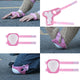 A series of images showcasing pink protective gear, including wrist, elbow, and knee pads. The gear is worn over a thick, beige sweater and jeans, with close-ups highlighting the adjustable straps and padding. The pads are set against a gray pavement background.