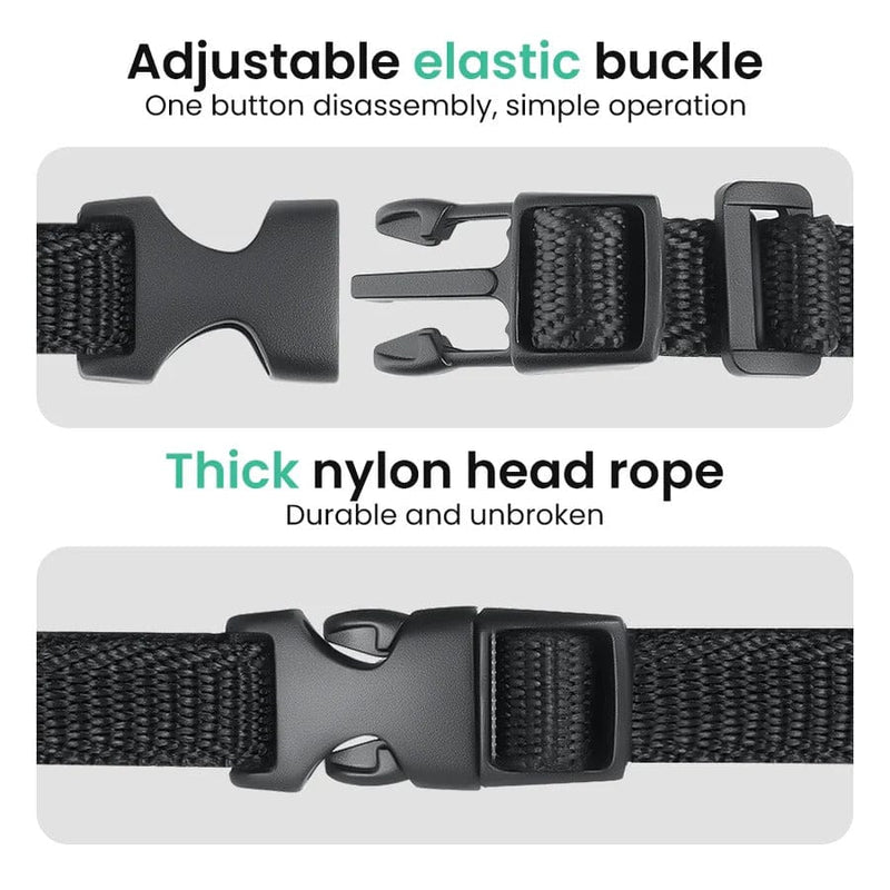 Two images show a black adjustable elastic buckle and a thick nylon head rope, highlighting their durability and simple one-button disassembly.