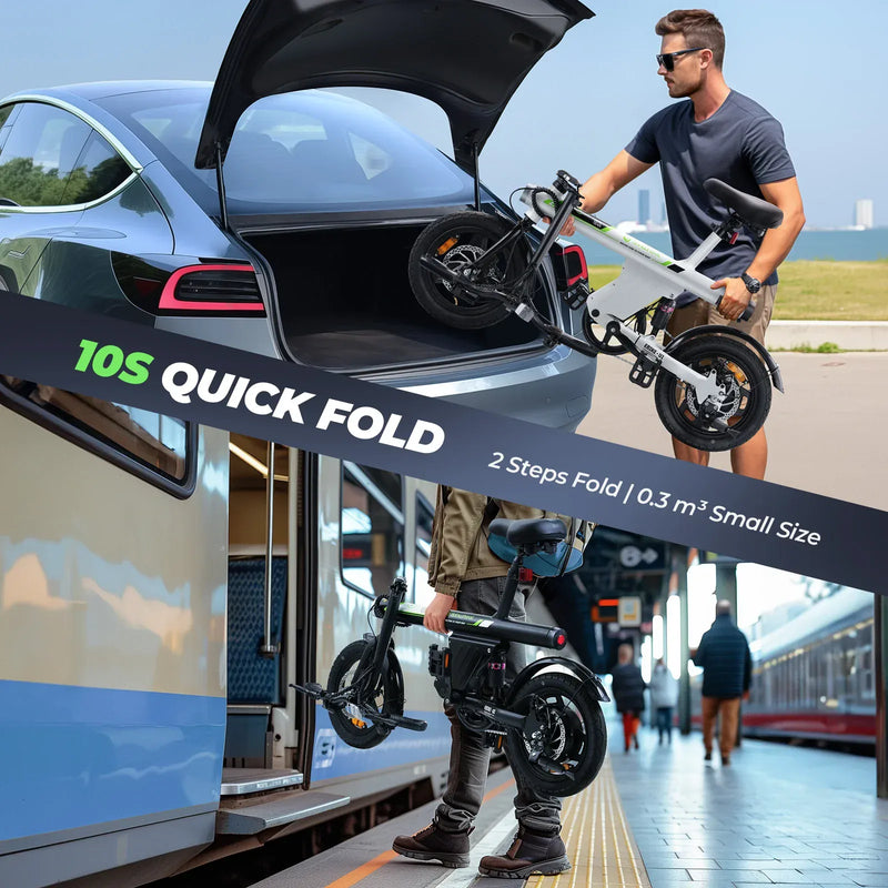 A man places a compact, folded bicycle into a car trunk, showcasing its portability. Below, another person carries the same folded bike onto a train platform, emphasizing its easy transportation. The image highlights a "10S Quick Fold" feature with "2 Steps Fold" and "0.3 m³ Small Size" text.