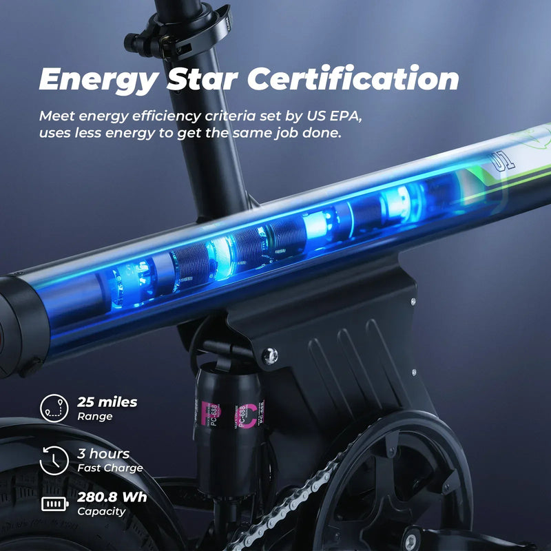Close-up of an electric bike's battery compartment glowing with blue light, highlighting its Energy Star Certification. Text details a 25-mile range, 3-hour fast charge, and 280.8 Wh capacity, emphasizing energy efficiency.