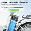 A close-up of an electric bike's 468WH extended-life battery, showcasing its sleek design with a blue casing. The image highlights the battery's performance, offering up to 55 miles with pedal assist and up to 36 miles on throttle mode. The bike frame is silver, and a rear rack is visible above the battery.