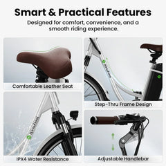 The image showcases features of a bicycle, including a comfortable brown leather seat, a step-thru frame design, IPX4 water resistance with water splashing on the frame, and an adjustable handlebar with a sleek black grip.