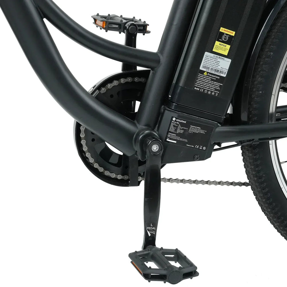 Close-up of an electric bike's central frame showing the black battery pack, pedal, and chain mechanism, with visible labels and a sturdy black finish.