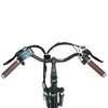 The handlebars of a bicycle are shown, featuring brown leather grips, a digital display on the left, and gear controls on the right, with coiled cables extending from the center.