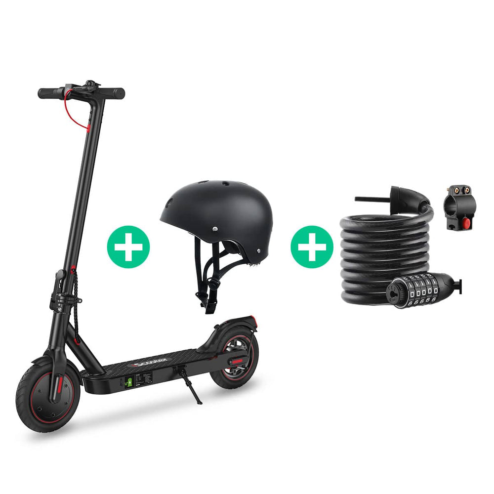 Black electric scooter i8 with helmet, lock, and cable on a white background