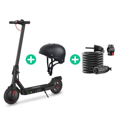 A sleek black i8 electric scooter is paired with a matching black helmet and a coiled combination lock, highlighting a convenient urban commuting set.