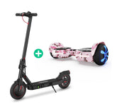 A sleek black electric scooter with red accents is paired with a pink camouflage hoverboard, featuring bright blue LED lights on its wheels, set against a plain white background.