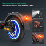 Close-up of an e9pro electric scooter's rear wheel featuring glowing blue lights, a visible disc brake, and an orange reflector. Inset images display a bright headlight, a mechanical bell, and a rear brake light, emphasizing the scooter's safety features. Text highlights "Maximum security guaranteed" with double disc brakes and EBS.