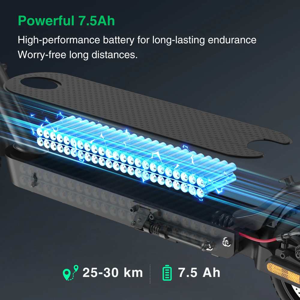 The image showcases a powerful 7.5Ah battery, highlighted in blue, within a e9pro scooter's deck, emphasizing its high performance and long-lasting endurance for worry-free long distances of 25-30 km.