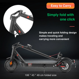A sleek black e9pro electric scooter is shown folded, highlighting its compact design with a simple folding mechanism. The text emphasizes its easy portability and convenience for travel, with dimensions listed as 106 x 43 x 49 cm when folded.