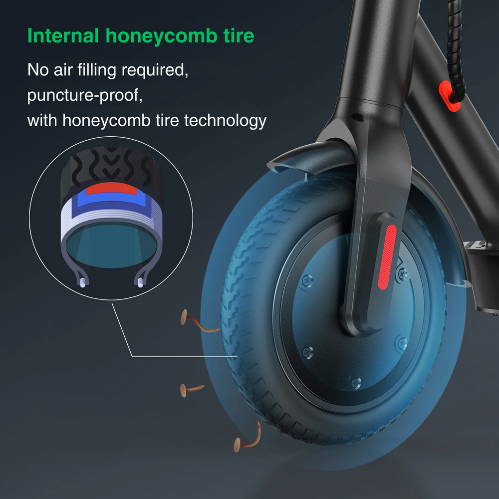 Close-up of an e9pro electric scooter's front wheel featuring a blue honeycomb tire, with nails illustrating its puncture-proof design. A diagram shows the tire's internal structure, highlighting its airless, durable technology.
