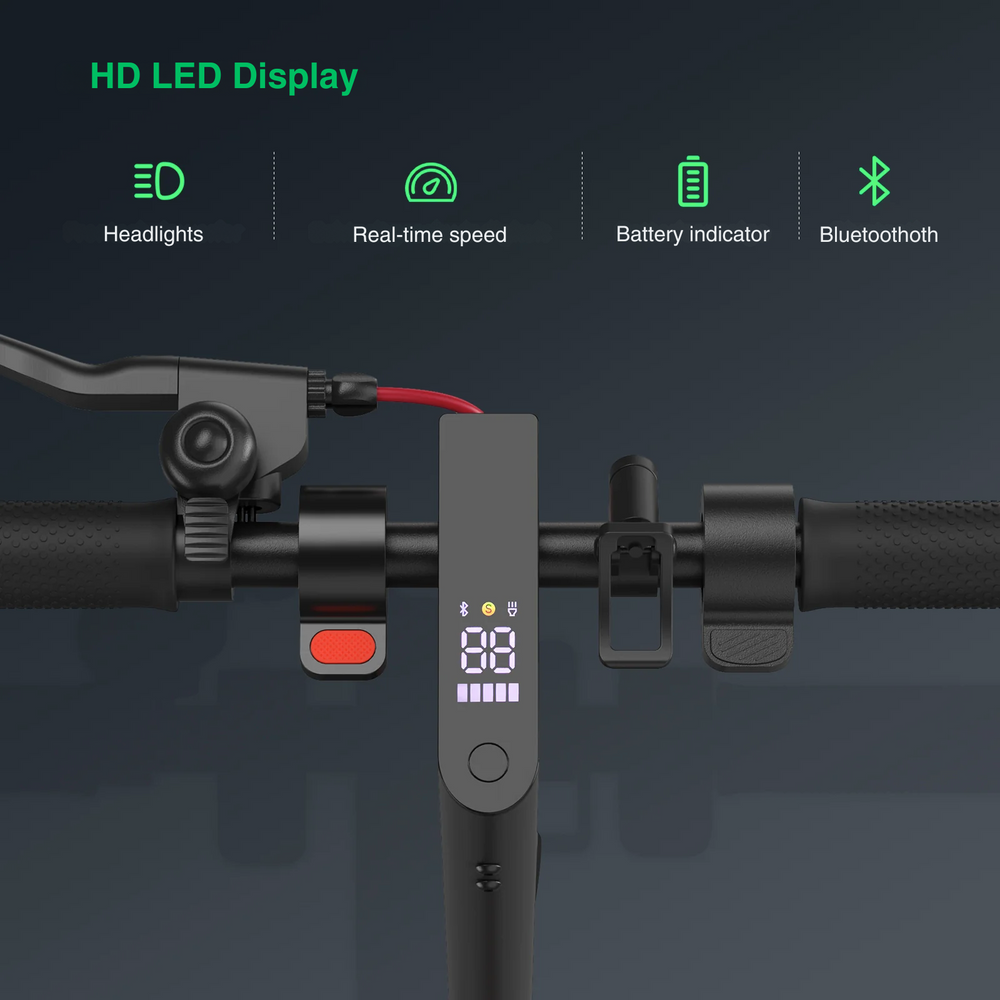 The image shows the handlebars of an electric scooter e9pro featuring a sleek HD LED display. The display indicates real-time speed, battery status, and Bluetooth connectivity. The handlebars also include a brake lever, a red button, and textured grips, set against a dark background highlighting its modern features.