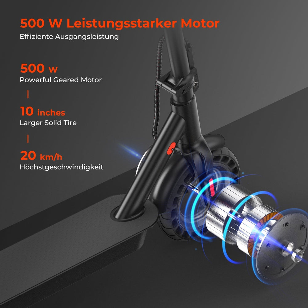 The image showcases a section of an electric scooter e9tmax highlighting its features, including a 500 W powerful geared motor, 10-inch larger solid tire, and a top speed of 20 km/h, with text in both English and German.