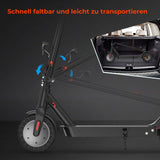 A black electric scooter e9tmax is shown partially folded, with arrows indicating its folding mechanism. An inset image displays the scooter neatly stored in a car trunk. The text above reads "Schnell faltbar und leicht zu transportieren," meaning "Quickly foldable and easy to transport.".