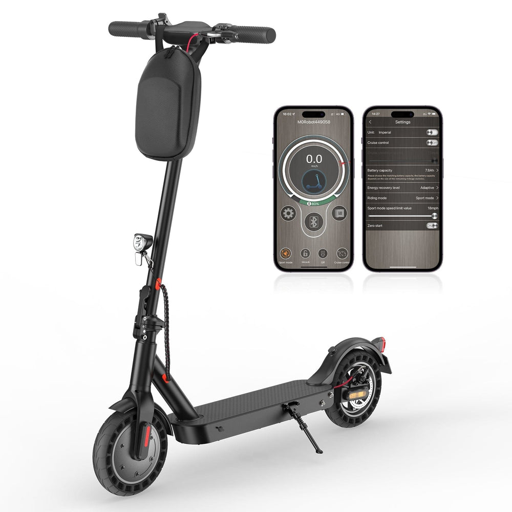A sleek black electric scooter e9tmax stands prominently with a small storage bag attached to its handlebar. Next to it are two smartphones displaying a control app interface, showing speed and settings. The scooter features a sturdy frame, large wheels, and a kickstand, set against a plain white background.