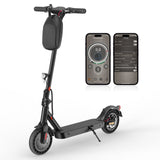 A sleek black electric scooter e9tmax stands prominently with a small storage bag attached to its handlebar. Next to it are two smartphones displaying a control app interface, showing speed and settings. The scooter features a sturdy frame, large wheels, and a kickstand, set against a plain white background.