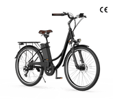 A sleek black electric bicycle with a step-through frame, featuring a brown saddle and a rear cargo rack, is shown against a white background. The bike has disc brakes and a front light, highlighting its modern design.