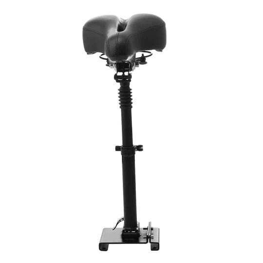 A black ergonomic scooter saddle mounted on a vertical adjustable post with a sturdy base, designed for stationary use.