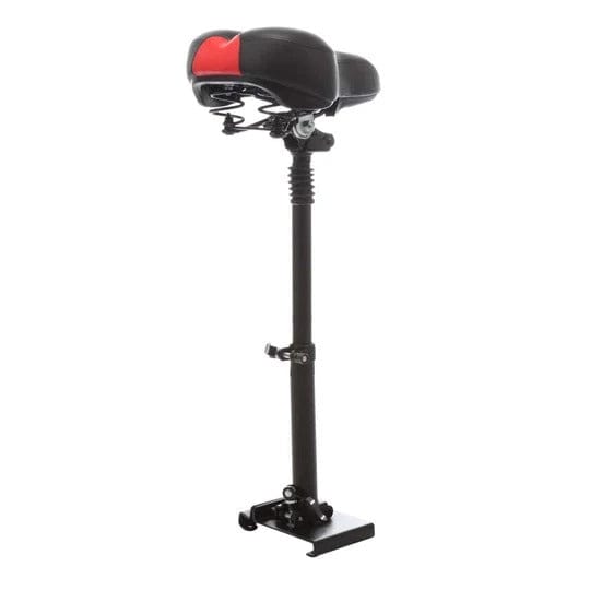 A scooter seat with a black and red cushioned saddle is mounted on a tall, adjustable black post with a sturdy base.