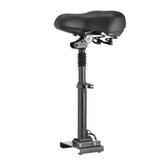 A black scooter seat with a spring suspension system is attached to a sturdy vertical post, designed for comfort and shock absorption.