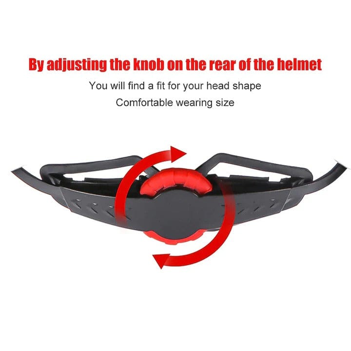 A helmet adjustment mechanism features a red knob at the rear, highlighted by red arrows indicating rotation for a customizable fit.