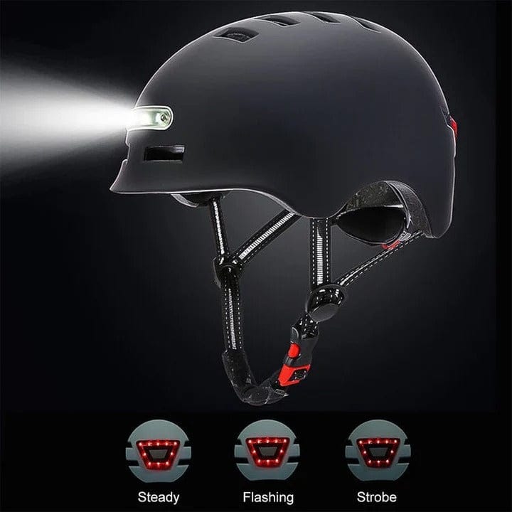 A black helmet with a built-in front light emits a bright beam, featuring adjustable straps and a chin buckle. Below, three icons display rear light modes: Steady, Flashing, and Strobe.