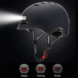 A black helmet with a built-in front light emits a bright beam, featuring adjustable straps and a chin buckle. Below, three icons display rear light modes: Steady, Flashing, and Strobe.