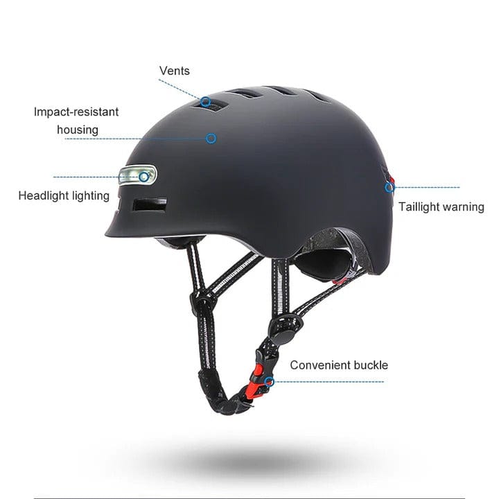 A sleek black helmet featuring multiple vents, a front headlight, and a rear taillight for visibility. It has an impact-resistant housing and a convenient buckle for easy fastening.