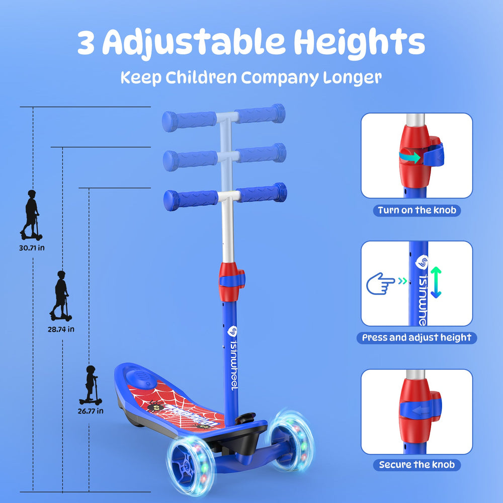 A blue children's scooter minispider with a spider web design on the deck features three adjustable handlebar heights, shown at 26.77, 28.74, and 30.71 inches. The scooter has light-up wheels and a red and blue knob for adjusting the height, with instructions to turn, press, and secure the knob.
