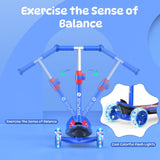 A blue children's scooter minispider with adjustable handlebars and colorful flashing wheels is displayed against a matching blue background, emphasizing balance exercise.