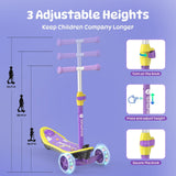 A purple and yellow children's scooter minispider with three adjustable handlebar heights is shown, featuring a knob for easy adjustment. The scooter has light-up wheels, and illustrations depict the height options of 26.77, 28.74, and 30.71 inches.