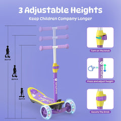 A purple and yellow children's scooter minispider with three adjustable handlebar heights is shown, featuring a knob for easy adjustment. The scooter has light-up wheels, and illustrations depict the height options of 26.77, 28.74, and 30.71 inches.