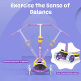 A purple and yellow children's scooter minispider is shown with adjustable handlebars, designed to help exercise balance. The scooter features wheels with colorful flashing lights, adding a fun and dynamic element to its design.