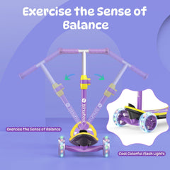 A purple and yellow children's scooter minispider is shown with adjustable handlebars, designed to help exercise balance. The scooter features wheels with colorful flashing lights, adding a fun and dynamic element to its design.