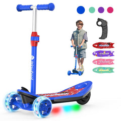A blue children's scooter minispider with light-up wheels and a Spider-Man-themed deck is shown. A young boy rides the scooter, smiling, while holding the blue handlebars. Four colorful deck designs and a remote control are displayed alongside.