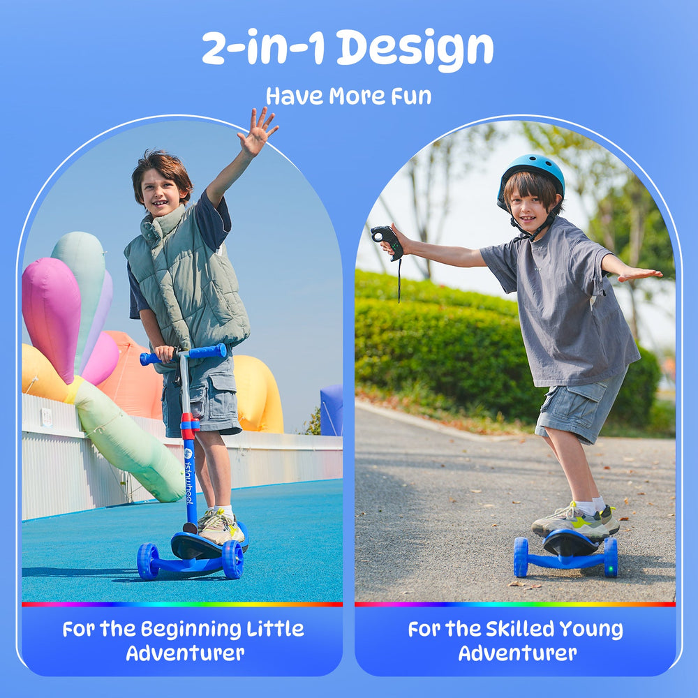 Two children enjoying a 2-in-1 scooter minispider design. On the left, a child rides a blue scooter on a colorful outdoor track, waving with excitement. On the right, another child, wearing a helmet, rides a hoverboard on a paved path, holding a remote control. Both scenes highlight adventurous play.