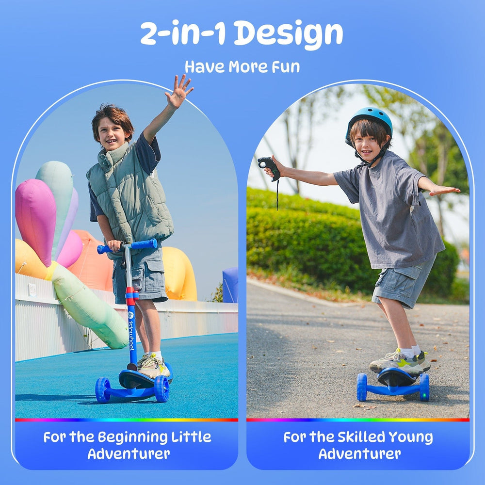Two children enjoying a 2-in-1 scooter minispider design. On the left, a child rides a blue scooter on a colorful outdoor track, waving with excitement. On the right, another child, wearing a helmet, rides a hoverboard on a paved path, holding a remote control. Both scenes highlight adventurous play.