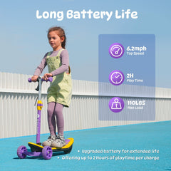 A young girl rides a colorful scooter minispider with purple and yellow accents on a bright blue path, showcasing features like a top speed of 6.2 mph, 2-hour playtime, and a max load of 110 lbs.